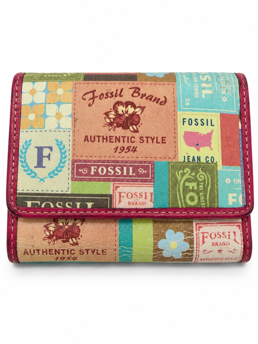 Fossil Vintage Postcard Stamp Print Coated Canvas Pink Leather Trifold Wallet